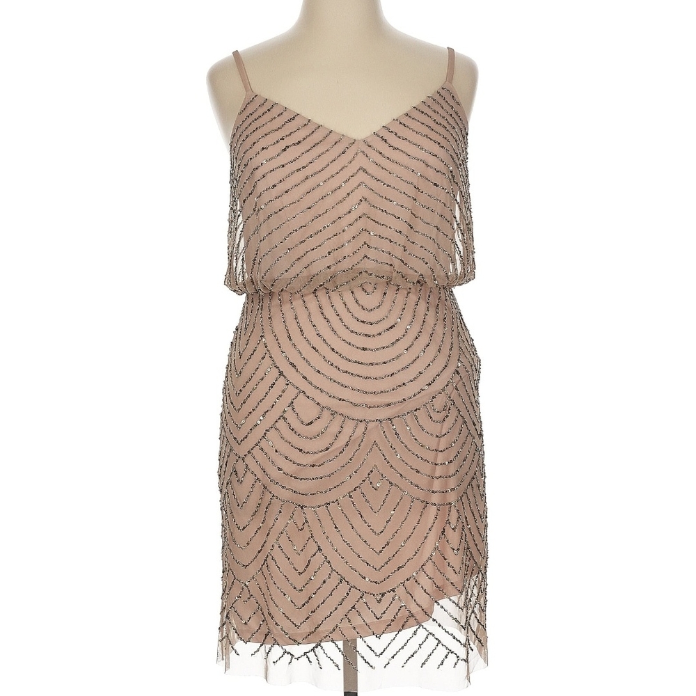 Adrianna Papell Tan and Gold Embellished Mini Slip Dress